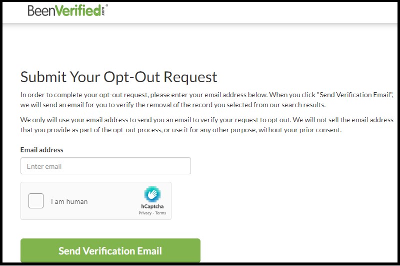 Screenshot of BeenVerified's opt-out submission form