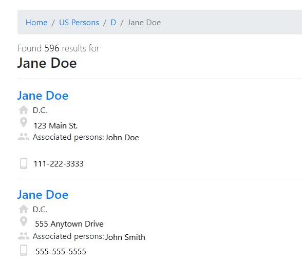 Screen shot of Clustrmaps search results for Jane Doe.