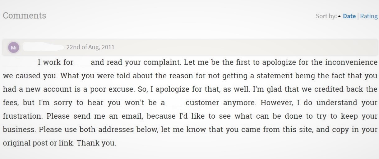 Screenshot of a company response to a bad review.