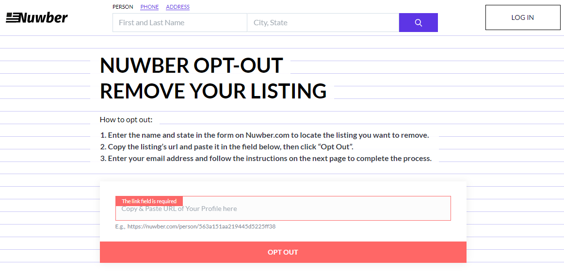Screen shot of Nuwber's OptOut form.