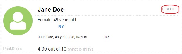 Screen shot of PeekYou search results with Opt Out circled in red.