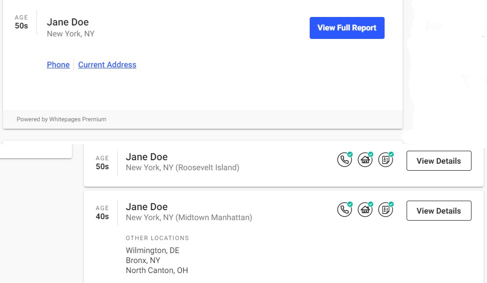 Screen shot of Whitepages sample results