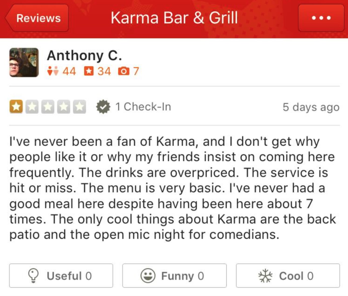 Negative review of Karma Bar and Grill