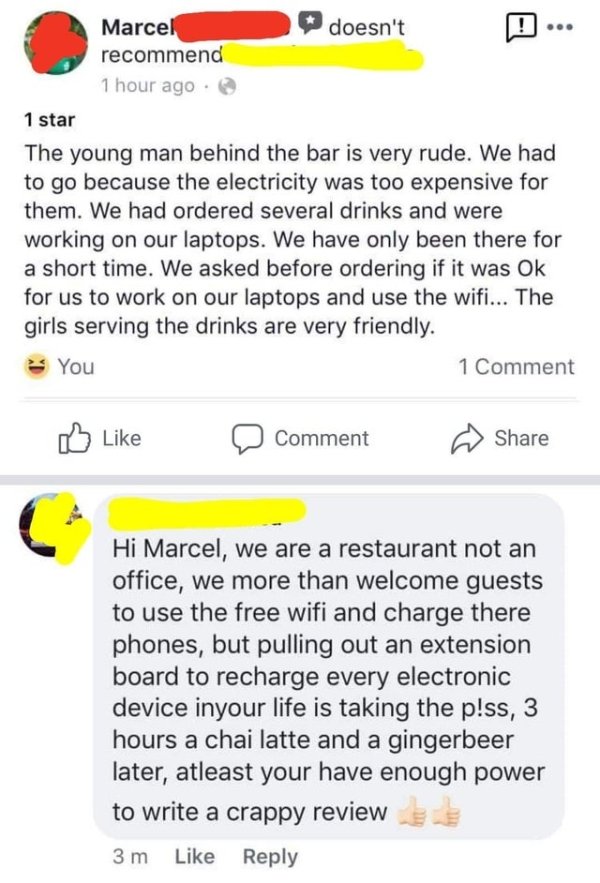 Screenshot of a restaurant owner replying in anger to a review