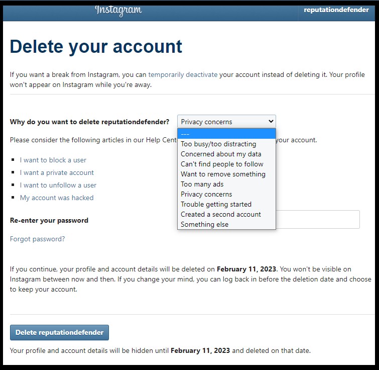 Screenshot of Instagram's Delete Your Account page