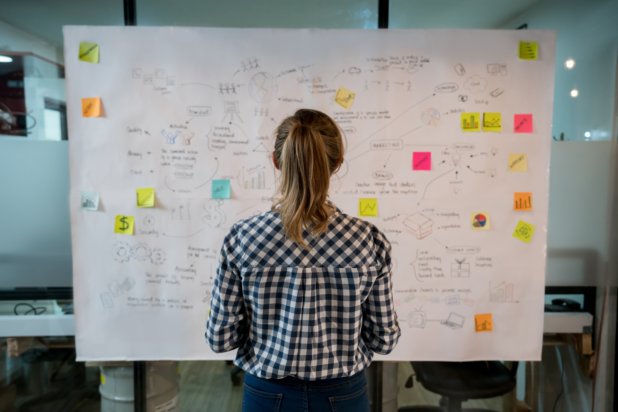 Woman sketching a business plan on a placard at a creative office