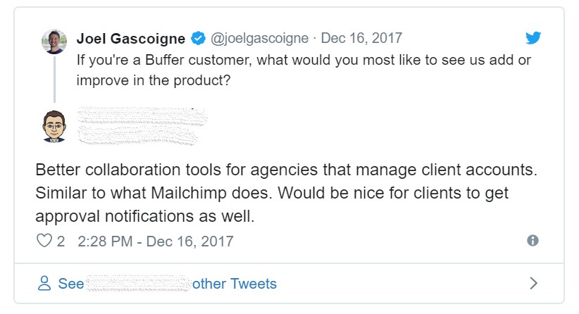 Screenshot of Buffer CEO Tweet asking an open ended question.