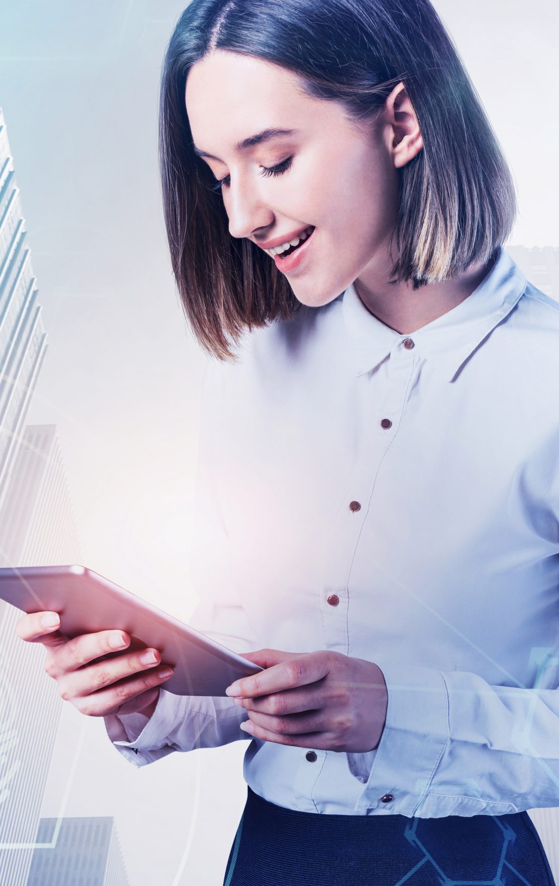 a woman looking at a tablet computer