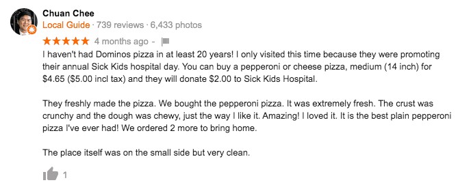 Screen shot of detailed pizza review