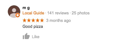 Screen shot of short, nondescriptive review of pizza restaraunt