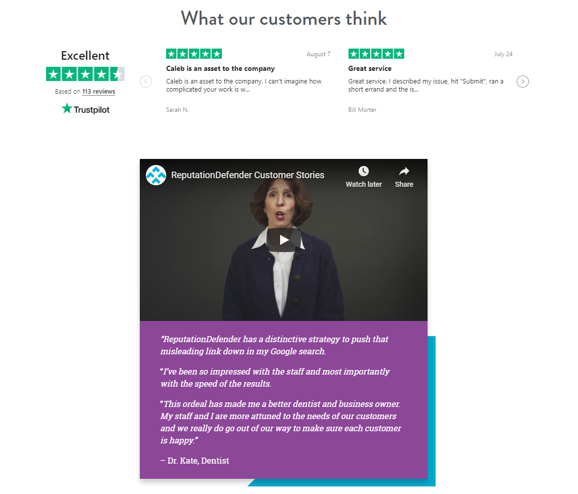 Screen shot of ReputationDefender testimonials page