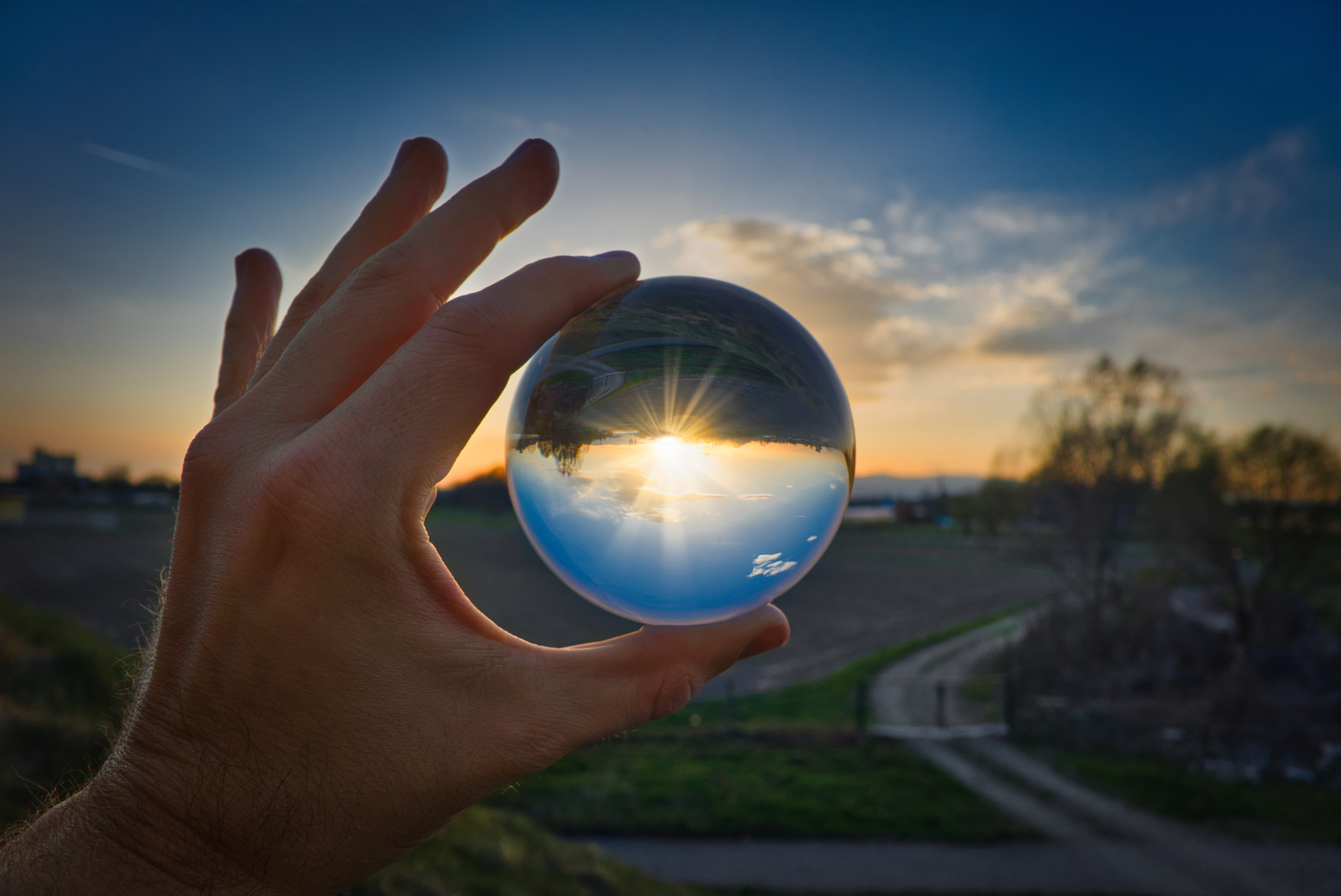 A hand holding a crystal ball looking into horizon at sunset.