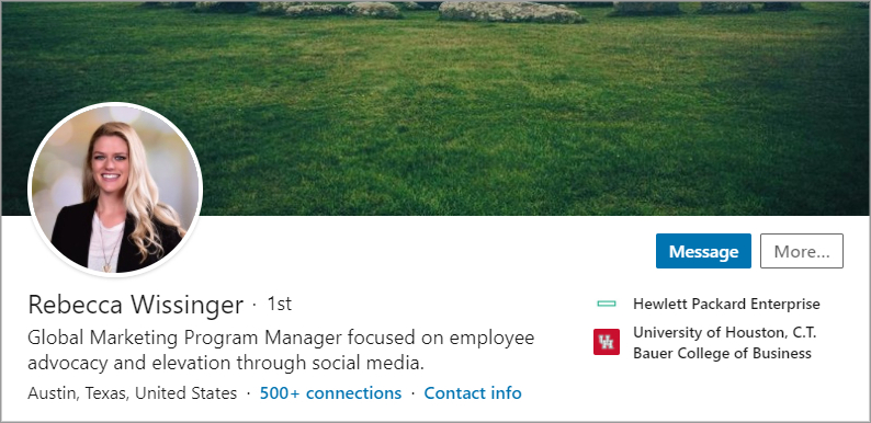 Screen shot of Rebecca Wissinger's LinkedIn headline and photo