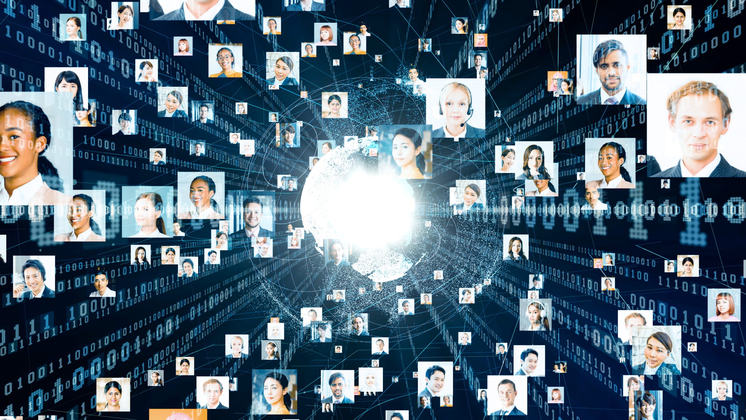 Numerous headshots of people displayed against black background with blue 1s and 0s indicating a web of information. Global communication network concept. 